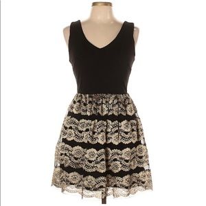 AQUA Black and Gold Lace Cocktail Dress with Back Gold Zipper